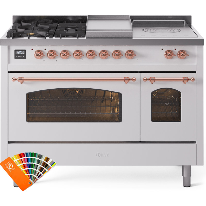 ILVE Nostalgie II Series 48 inch Dual Fuel Range with 5 Sealed Burners, Griddle, Frenchtop (Glass Door), RAL Color/Copper