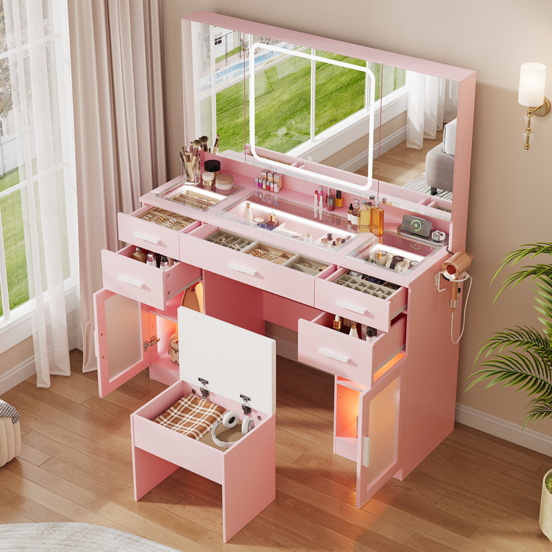 Meuble-lavabo avec miroir à DEL et prises de courant Ato, Rose