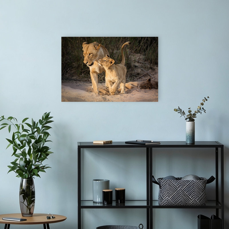 «Gentle Lioness Cub Serene Contemporary Cat Lion Landscape Nature», reproduction d'art murale