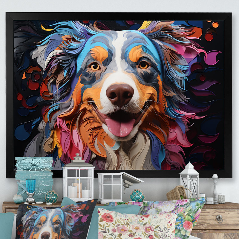 Chien, berger australien, impression sur toile, H 30 po x l 40 po x P 1,5 po, Cadre simple noir