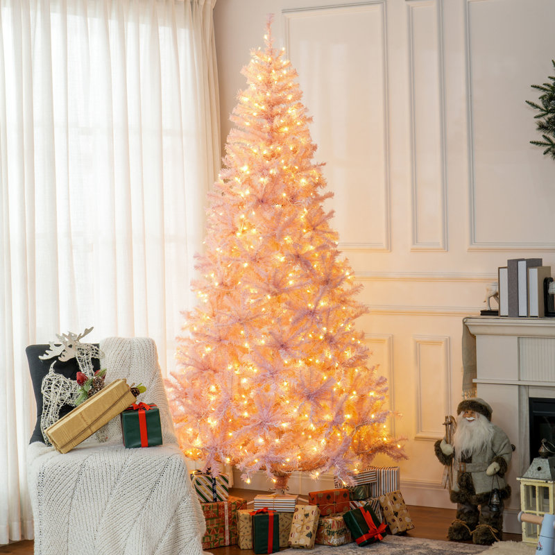 Arbre de Noël artificiel 7,5 pi, rose, 500 lumières, arbre DEL blanc chaud pliable, branches réalistes