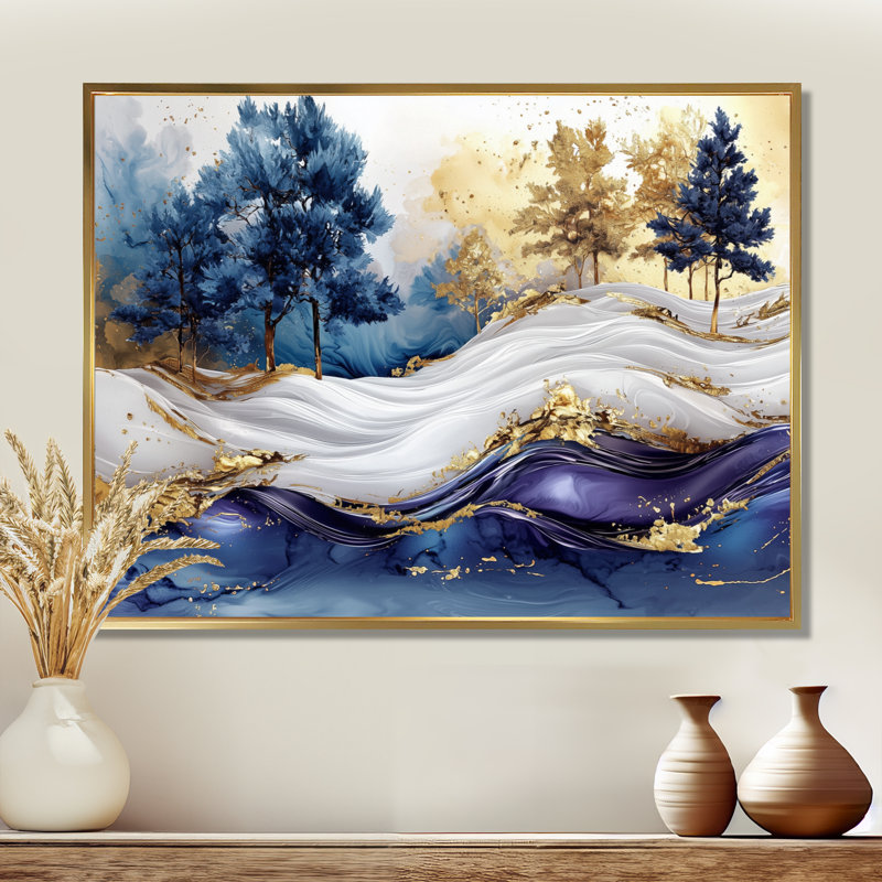 Jaceon Golden Trees Aurora Over The Marble Peaks II - Abstrait paysages, art mural, Impression encadrée flottante, Doré