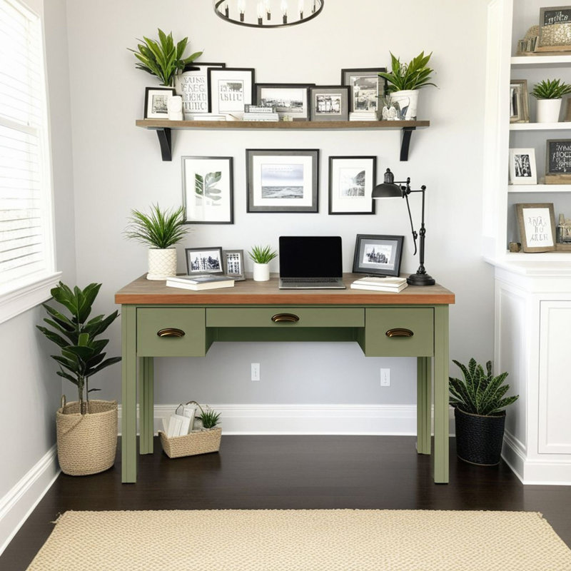 53" Writing Desk, No Assembly Required, Natural/Green