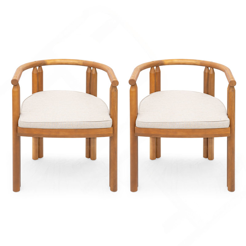 Chaise de salle à manger à accoudoirs en bois d'acacia, finition teck avec coussin beige, ensemble de 2