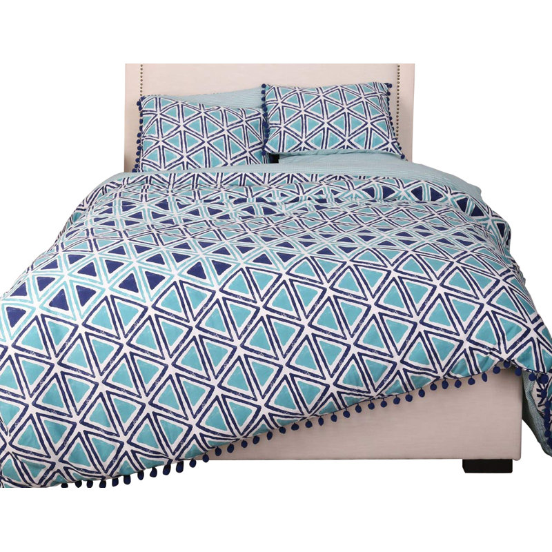 Ensemble de housse de couette réversible en satin de coton avec garniture à pompons , Bleu/blanc