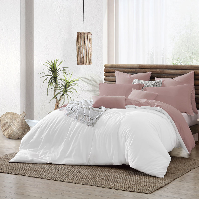 Woodrose and White Cotton Reversible Queen Duvet Cover Set