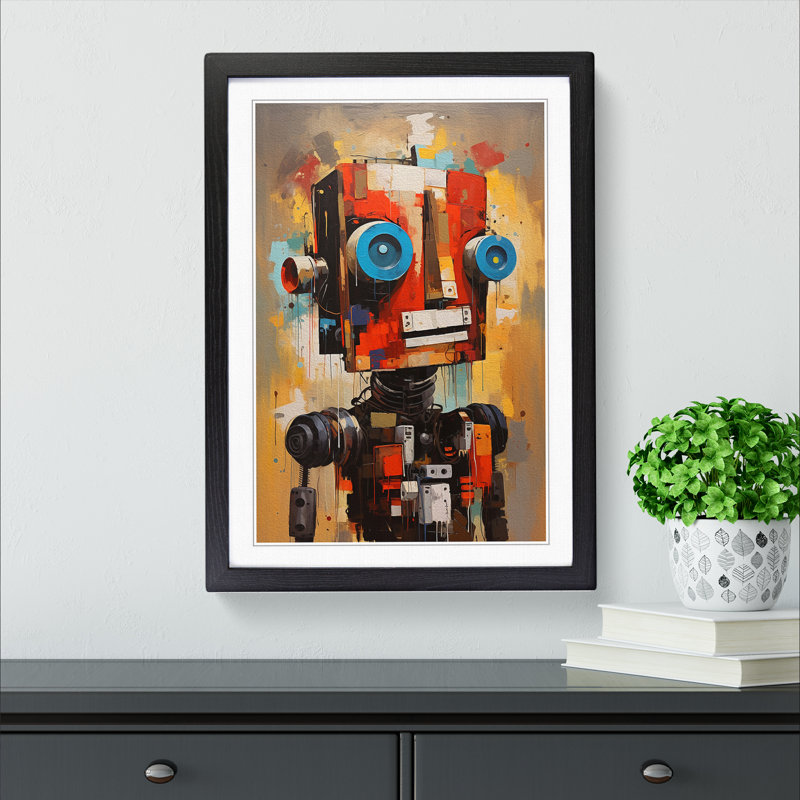 Robot Gestural - Single Picture Frame Print on Wood, 34cm H x 25cm W x 2cm D, Black