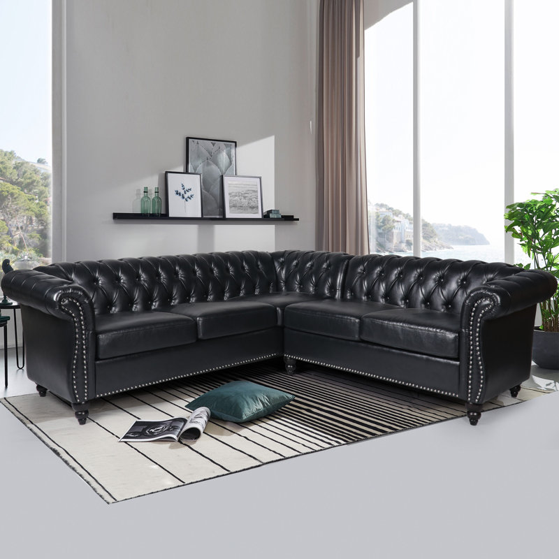 Faraaz Upholstered Faux Leather Chesterfield Sectional, Black