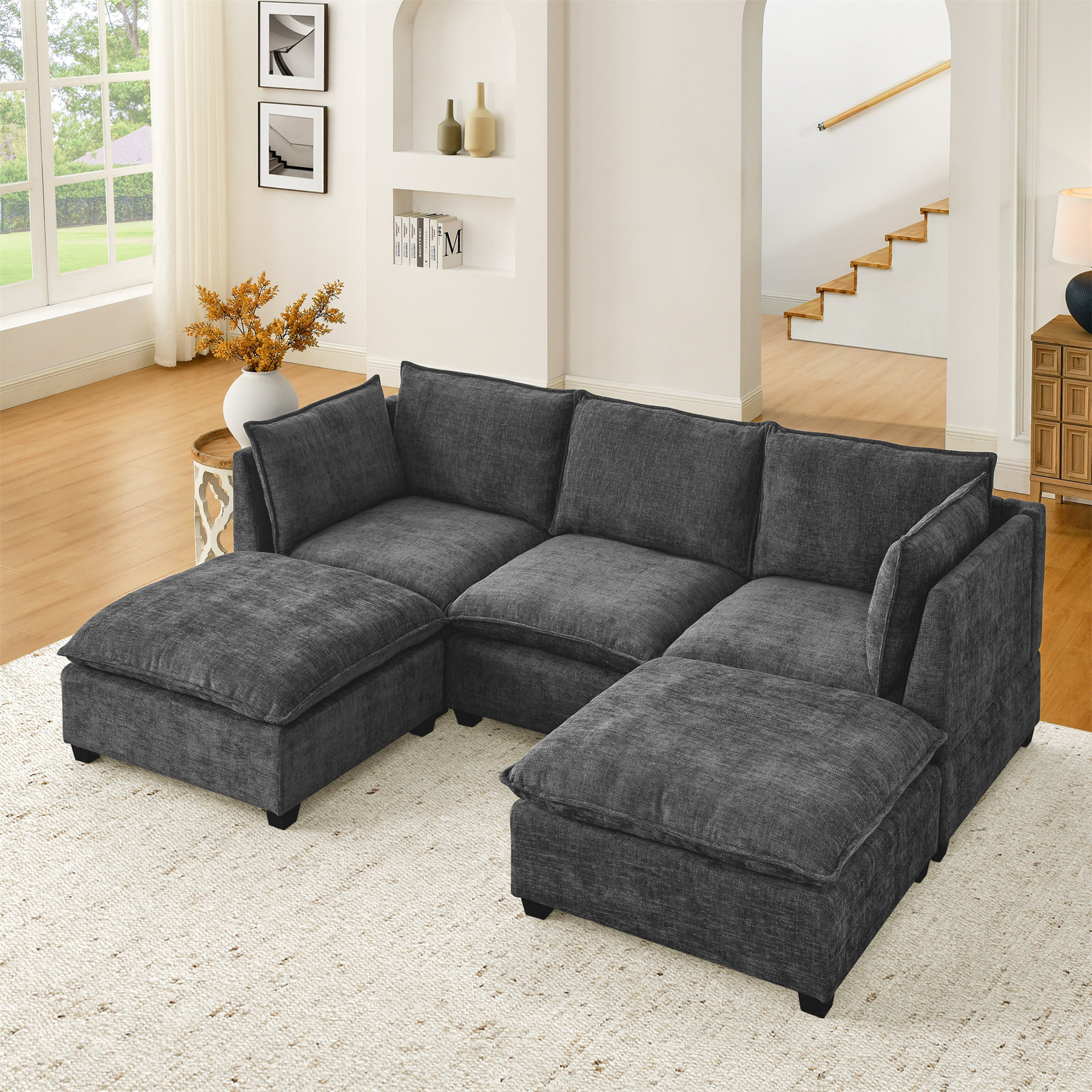 Hokku Designs Modern Chenille Cloud Couch loveseat with 2 Ottoman | Wayfair