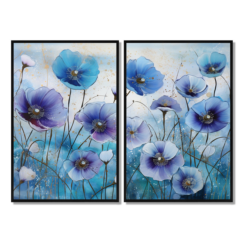 «Blue and Purple Morning Glory Flowers», art mural traditionnel sur toile, 36" H x 48" W, Impression encadrée flottante