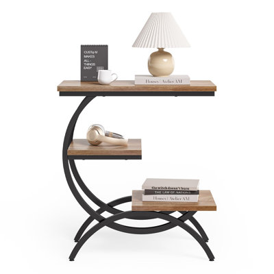 End Table, Narrow End Table With 3 Storage Shelves, Industrial C-Shaped Small Sofa Side Table For Living Room, Wood Slim Snack Table With Metal Frame,