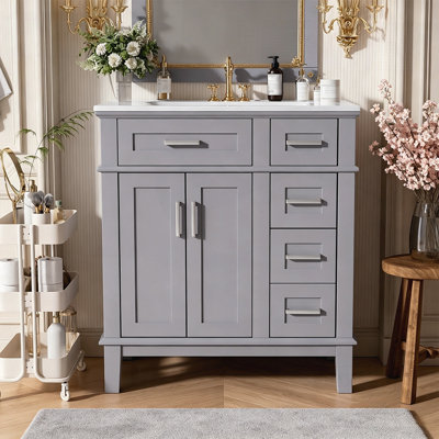 Meuble-lavabo moderne de 30 po avec lavabo en céramique, meuble de rangement moderne avec portes et tiroirs à fermeture en douceur