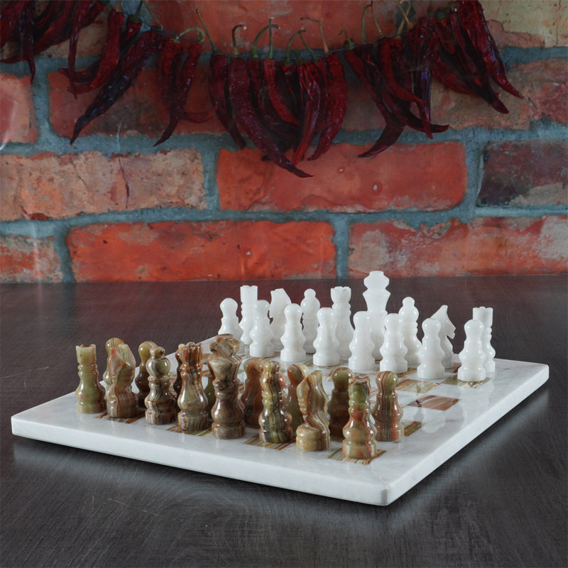 RADICALn Handmade 12'' L Stone Chess Game Set, White/Green Onyx