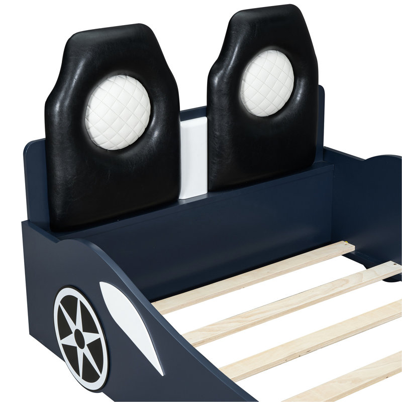 Lit de voiture de course simple avec dossier rembourré à DEL et confortable, bois bleu - Fabrication sécuritaire, conception confortable