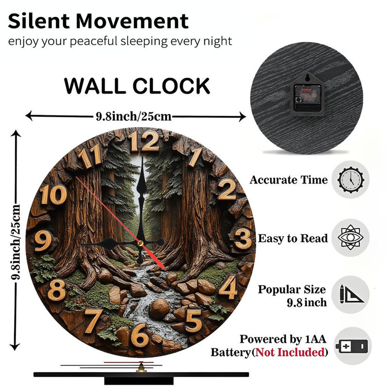Wooden Wall Clock Redwood Forest Stream