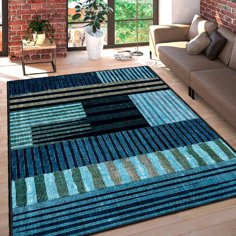 Wencil Premium 100% Cotton Area Rug, 31.5 x 47.2 inches | 1200 g/m², 0.4 in Pile Height | Antibacterial, Non-Slip PVC Underside, Machine Washable | Elegant White, Yellow, Blue & Navy Design | Durable & Stylish for Any Room