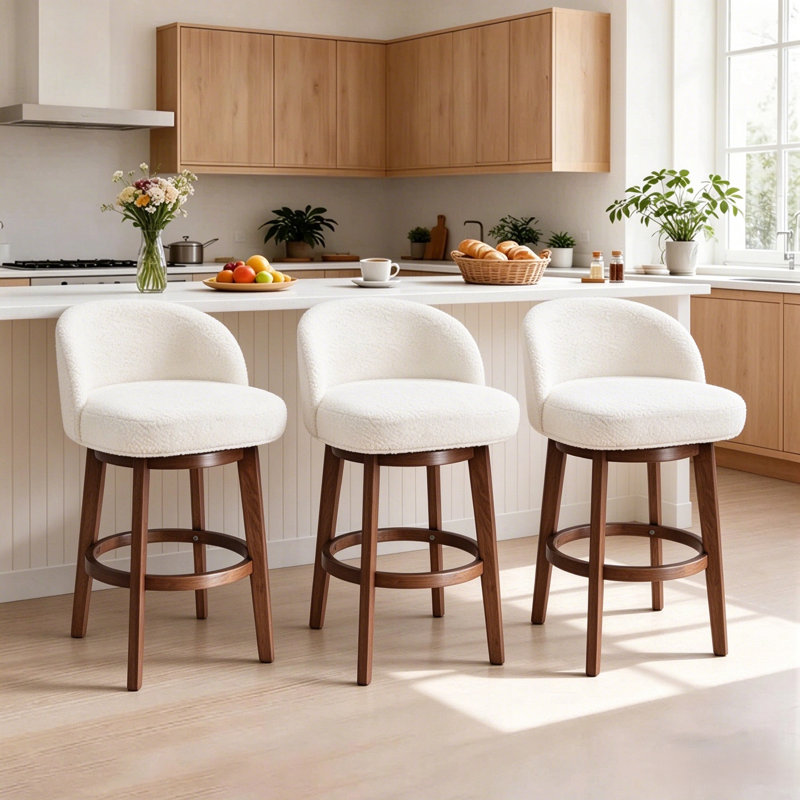 Tabourets de bar pivotants modernes de 66 cm (26 po) avec pieds et dossier en bois, chaises de bar rembourrées en tissu bouclé avec repose-pieds ronds pour îlot de cuisine, beige