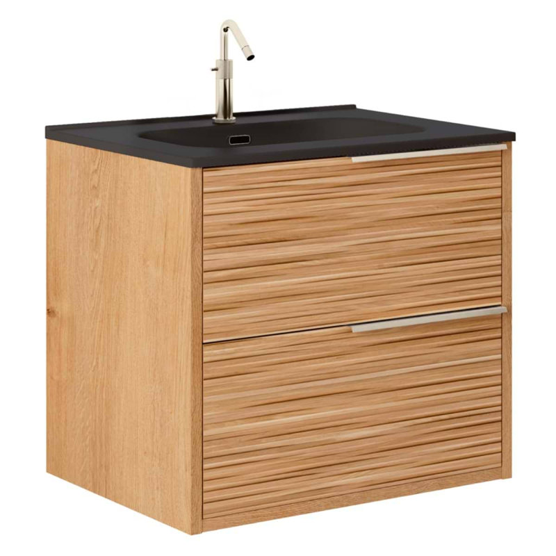 Kora 32" Bamboo Faux Finish Wall-Mounted Single Bathroom Vanity with Integrated Ceramic Top & Handles, Black, 24"