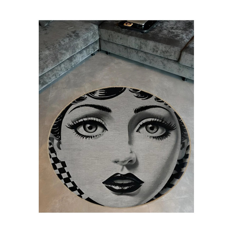 Checkerboard And Women Patterned Woven  Washable Carpet, Round 3'4"