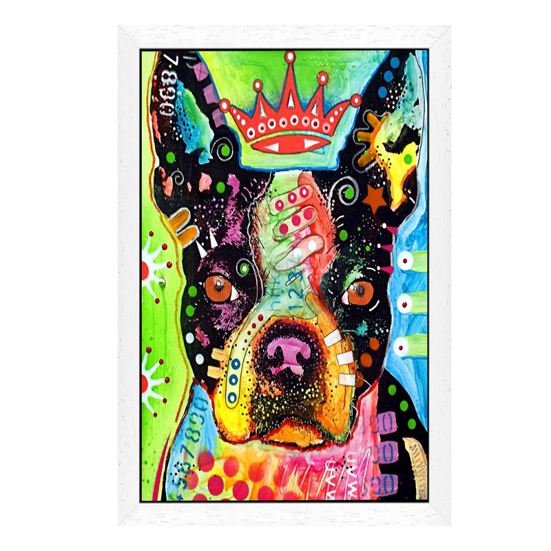 Boston Terrier Crowned by Dean Russo - Floater Frame Print on Canvas, White Framed