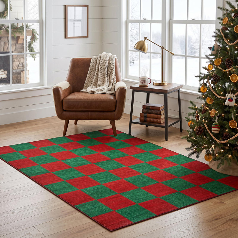 Tapis de Noël à carreaux en velours nacré lavable, antidérapant, à poils courts., Red and Green, 3 x 5 pi