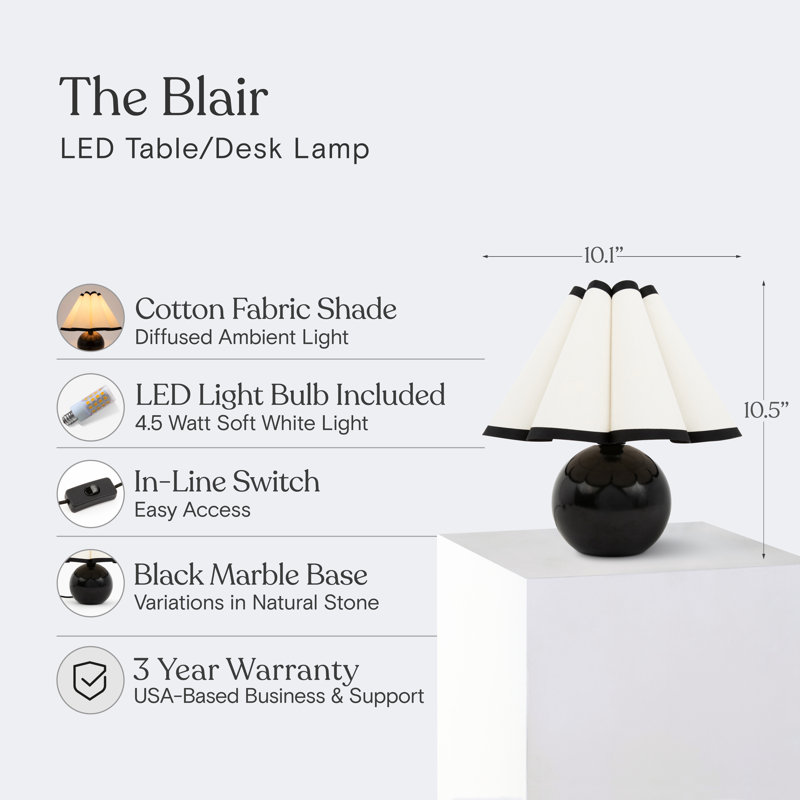 Blair 10 in. LED Mid-Century Table Lamp With Black Marble Round Base