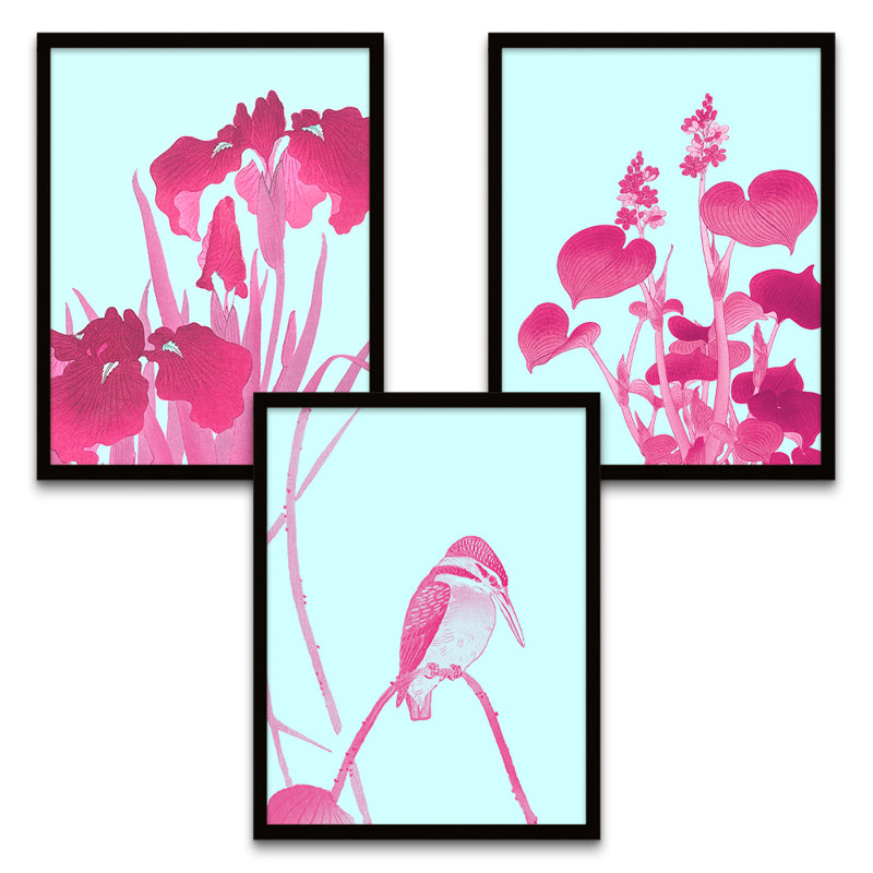 Ohara Koson Pink Kingfisher Lotus Flower - 3 Piece Print Set
