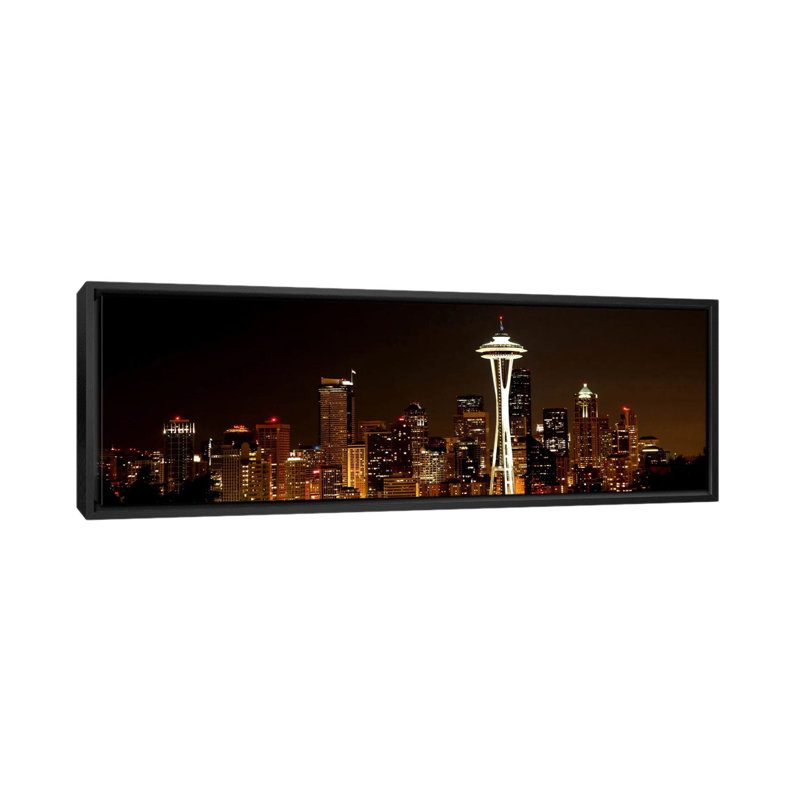 « seattle horizon cityscape (night) », reproduction de photo sur toile tendue, H 12 po x l 36 po x P 1,5 po, Cadre noir