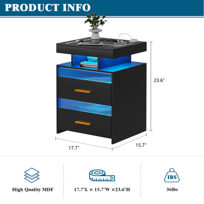 Gaelyn Sensor LED Nightstand with Ample Storage Space, Black