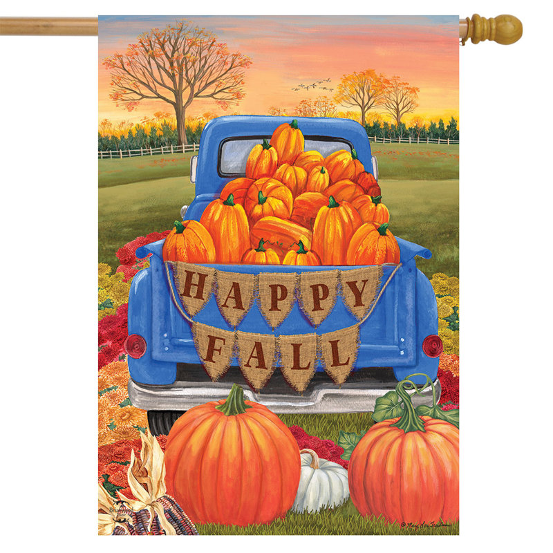 Drapeau «Happy Fall Pickup Pumpkins House», Automne bleu/orange 1