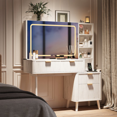  47.2'' Modern Fluted Makeup Vanity Desk With LED Mirror
