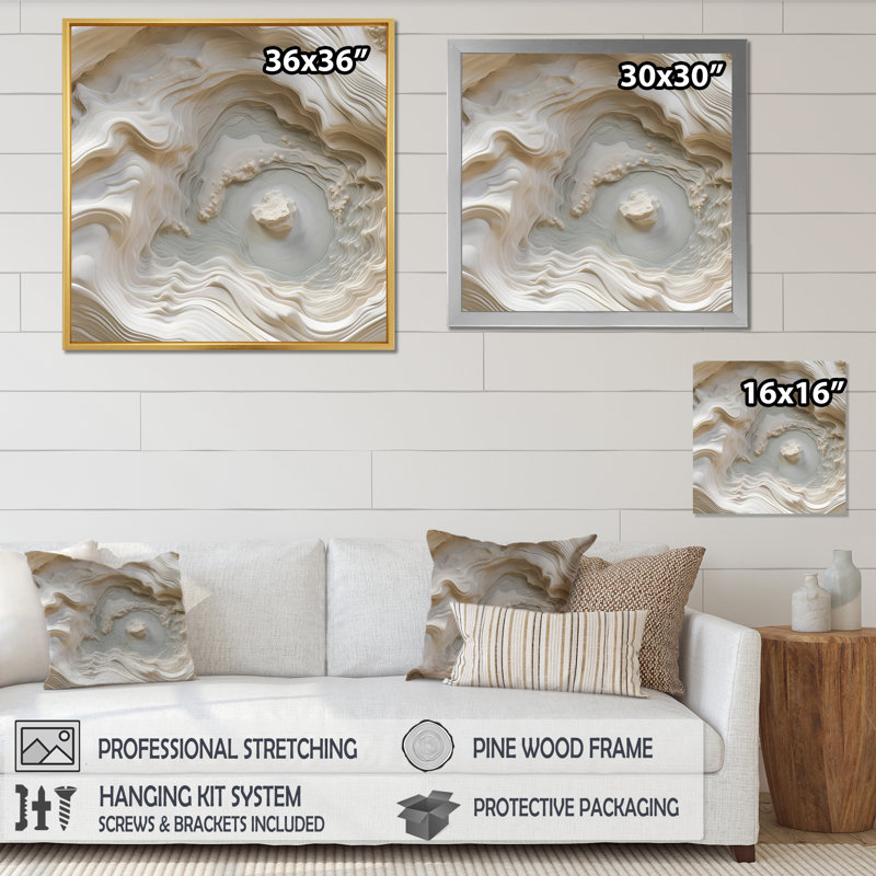 Cream Spiral Nebula II - Abstract Spirals Canvas Print, 30" H x 30" W x 1" D, Black Single Picture Framed