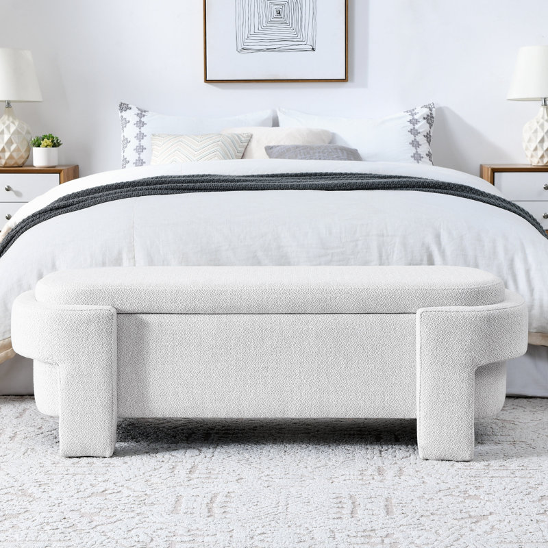 Banc rembourré en lin avec grand espace de rangement pour le salon, le vestibule et la chambre à coucher, blanc (51,5 po x 20,5 po x 17 po)