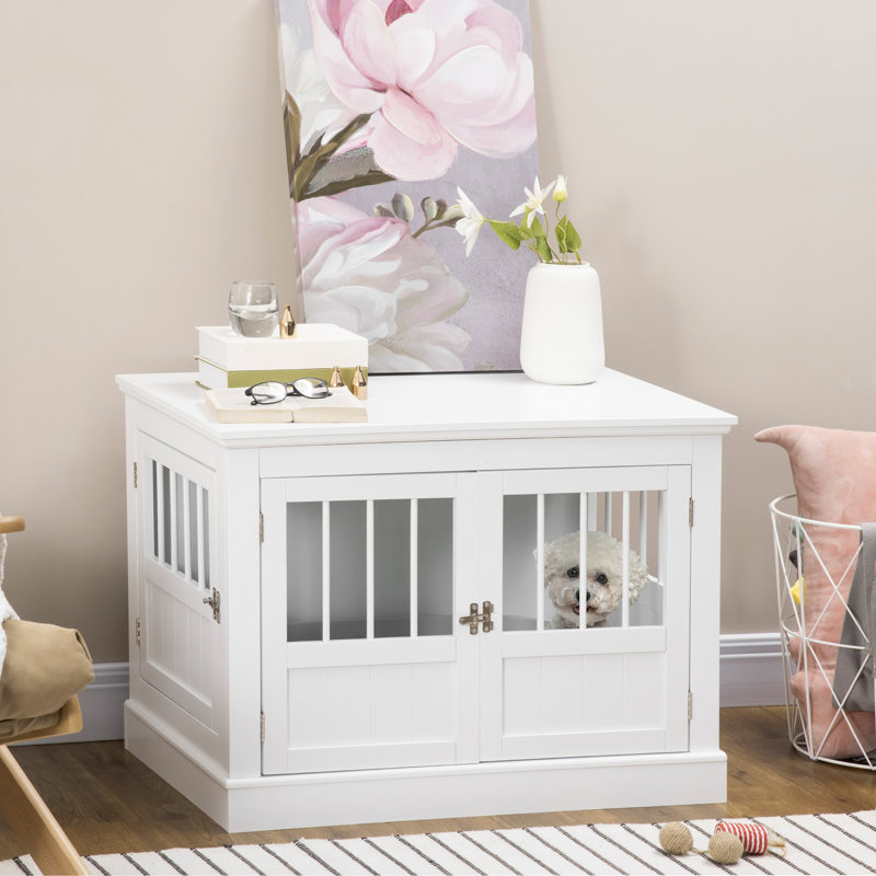 Table de bout en bois pour chien avec trois portes et tubes en acier pour petits chiens, blanc