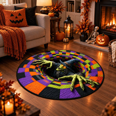 32" Round Halloween Witch 3D Optical Illusion Doormat, Non-Slip Indoor Entryway Mat for Halloween Party Decor