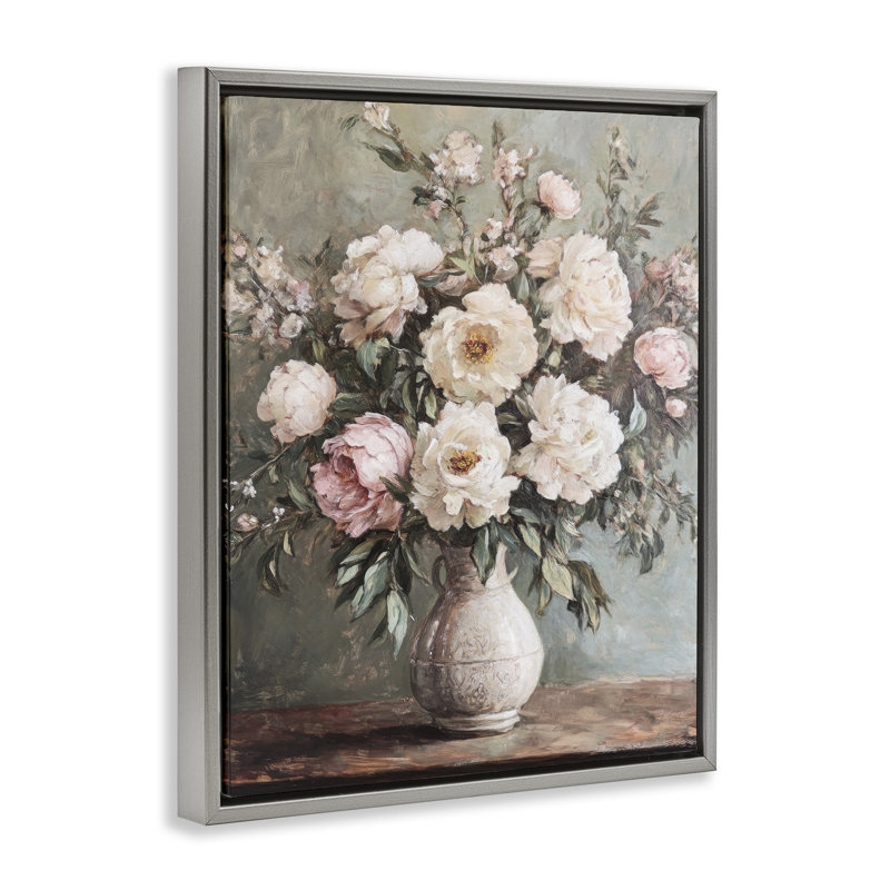  Art mural sur toile flottant avec pivoines roses, H 21 po x l 17 po, Cadre flottant gris lustré