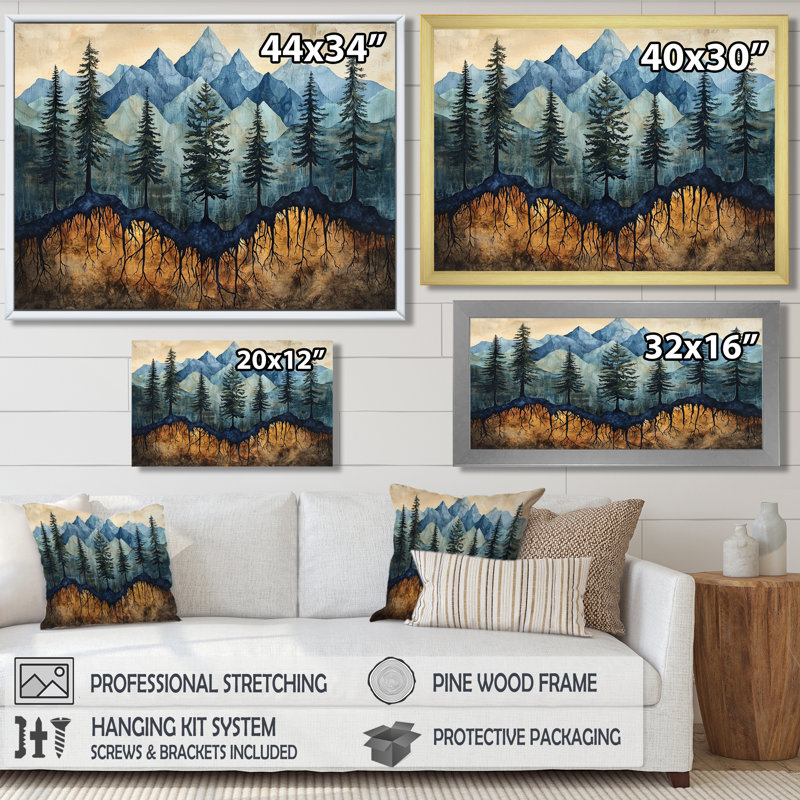 Gerboth Mountain Forest Pine Tree Roots II - montagnes, art mural, H 34 po x l 44 po, Reproduction avec cadre flottant, Doré