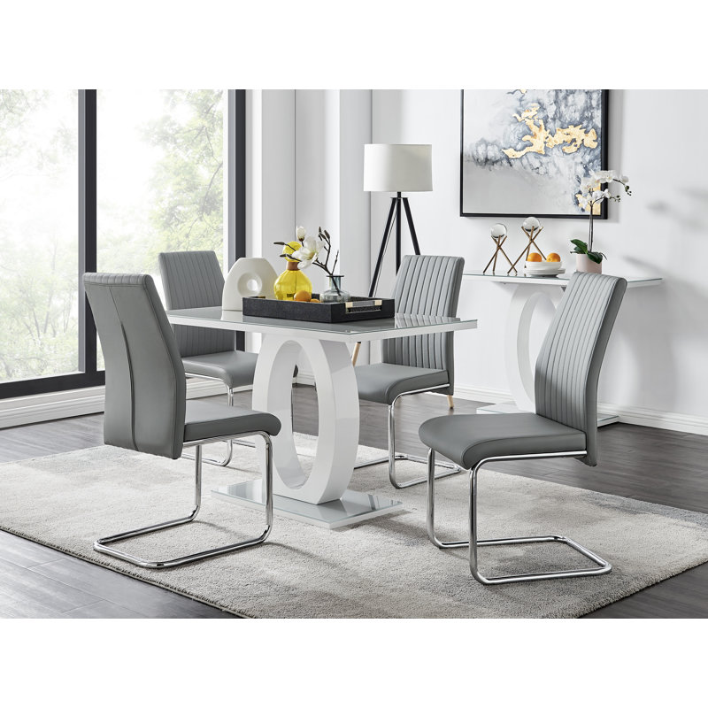 Scottsmoor Modern High Gloss Halo 4 Seater Dining Table Set with Luxury Faux Leather Dining Chairs, Gray, Gray/White
