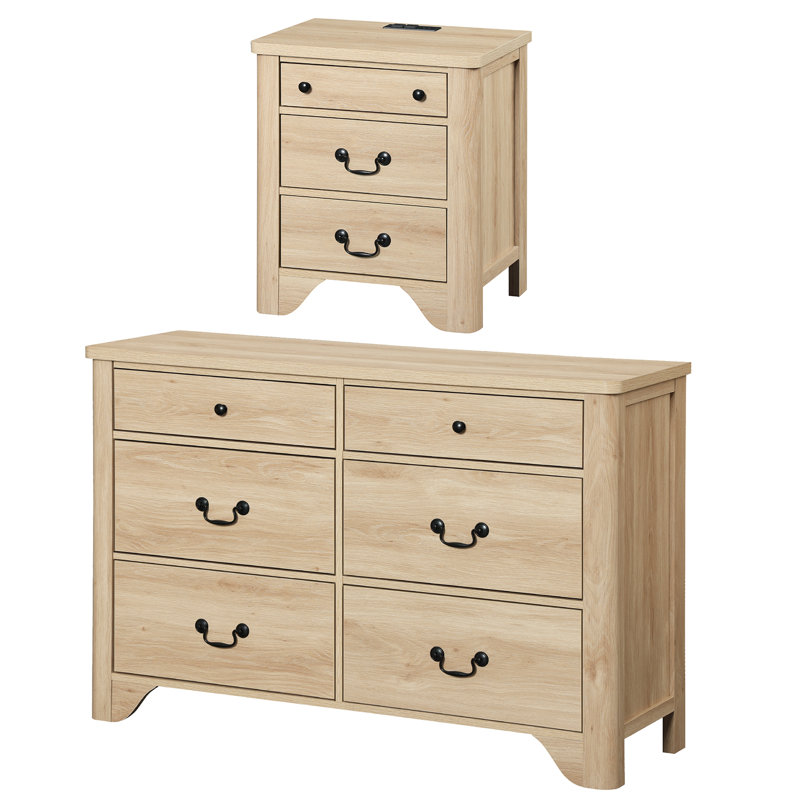 Ensemble de commode et de table de chevet 2 tiroirs 2 pièces Modern Modern, Chêne, 2