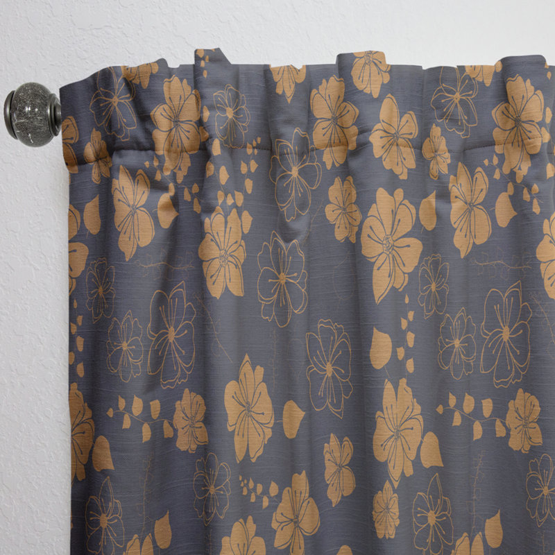 Retro Handdrawn Poppies II - Mid-Century Velvet Curtain - Room darkening - 1 panel, 52"W x 63"L
