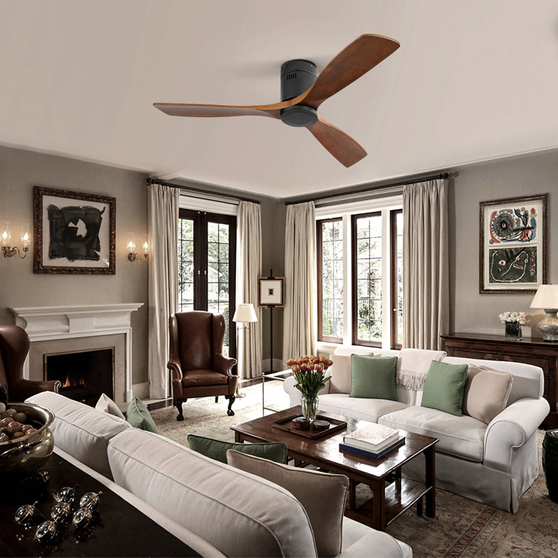 52 Inch Low Profile Ceiling Fan Dc 3 Carved Wood Fan Blade Noiseless Reversible Motor Remote Control Without Light, Black