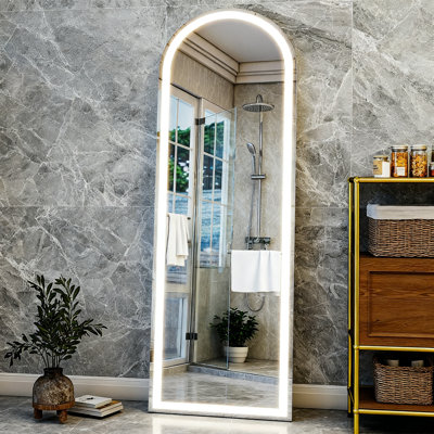 LED Full Length Mirror With Lights, Wall Mounted Or Standing Full Body Mirror For Bedroom Or Cloakroom, Dimmable With 3 Color Lighting Modes 20"X56" Arched(White)