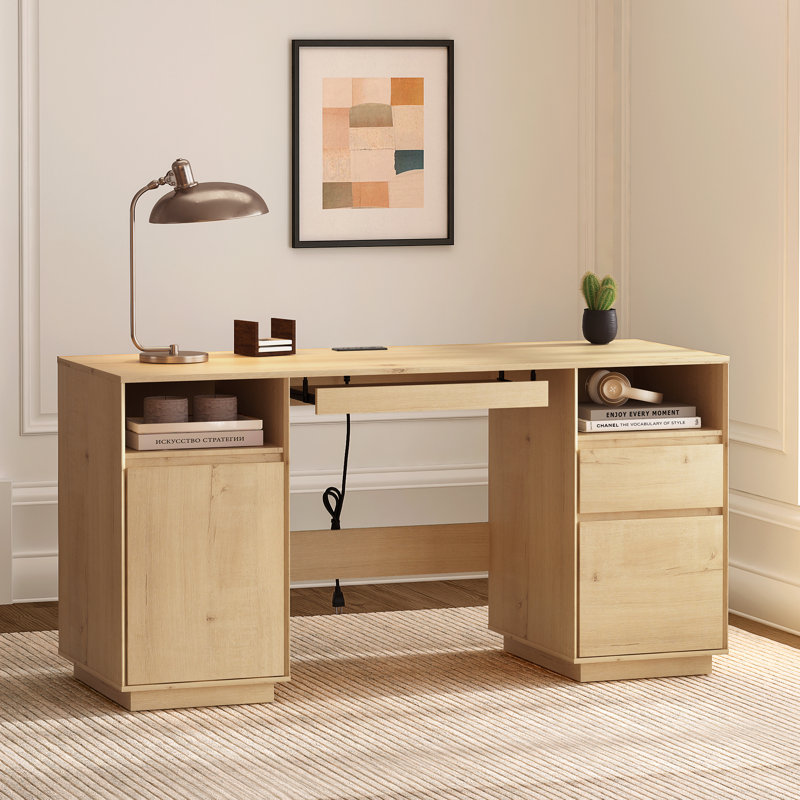 59" Farmhouse Computer Executive Desk With File Drawer, Light Oak