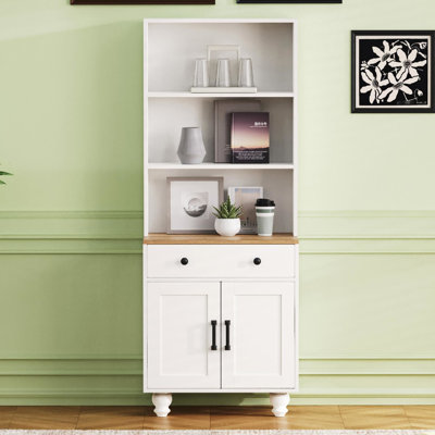 White Storage Cabinet, 3 Open Shelves, Drawer, Adjustable Shelf, Solid Wood Legs, For Living Room, Kitchen Cabinet With Legs And Large Compartment Home