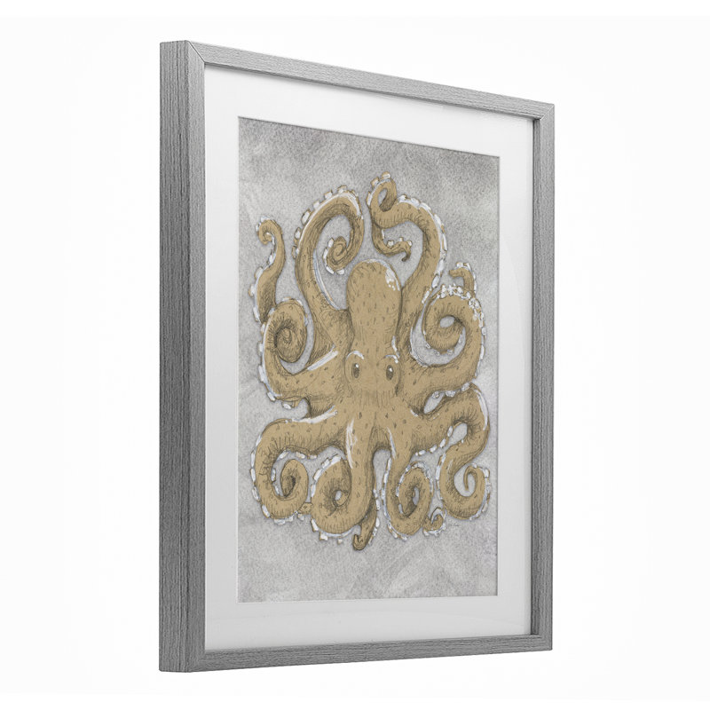 Pieuvre grise, reproduction d'art sous verre encadrée, conception de Patti Bishop, H 21 po x l 17 po, Cadre de ferme gris