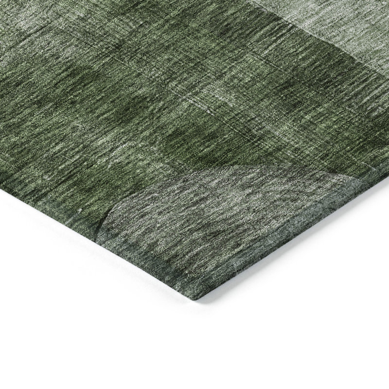 Machine Washable Green and Gray Geometric Fern Rug