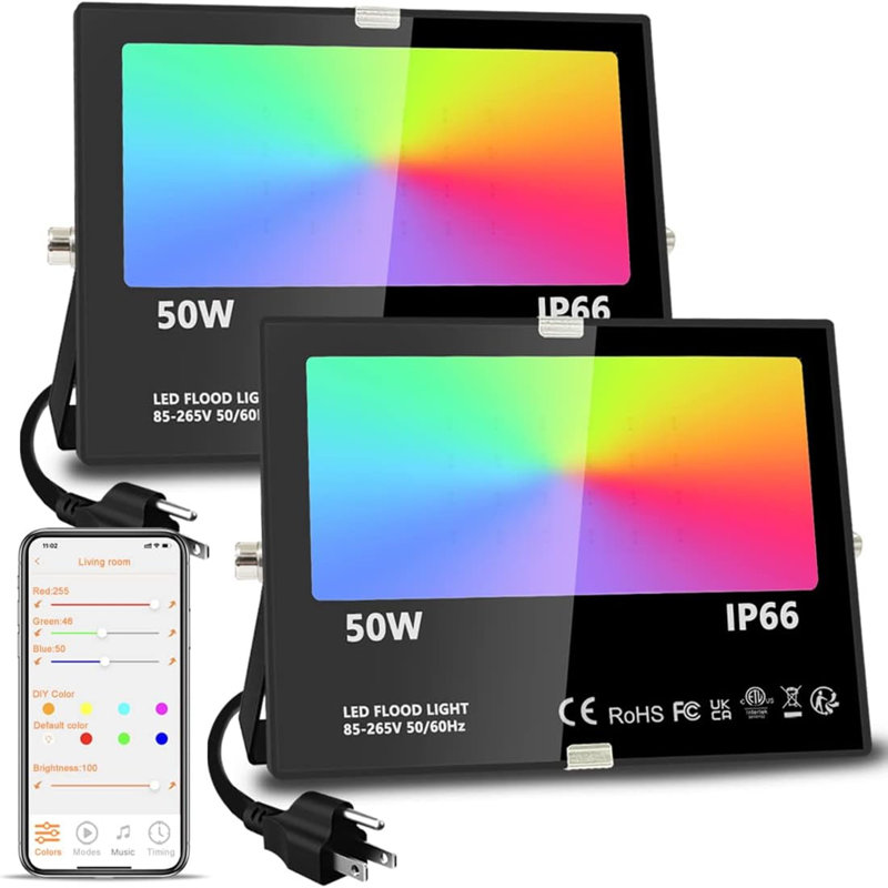 LED Flood Light Outdoor, 500W Equivalent 5000LM Smart RGB Landscape Lighting With APP Control, DIY Scenes - Timing - Warm White 2700K - Color Changing Uplight, IP66 Waterproof US Plug (2 Pack)