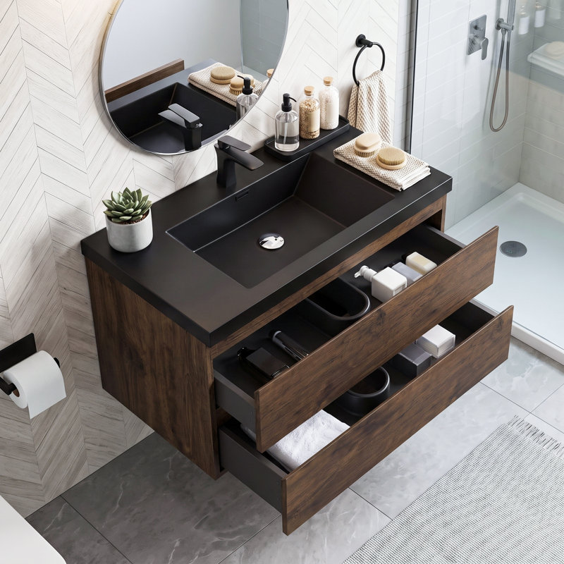Meuble-lavabo mural simple 30 po avec comptoir en quartz, Noyer