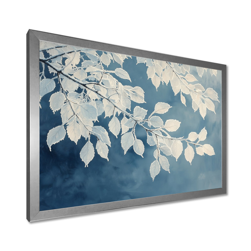 «White Frosted Leaves Branches III», art mural sur toile, H 34 po x l 44 po, Picture Framed Print, Argent argent