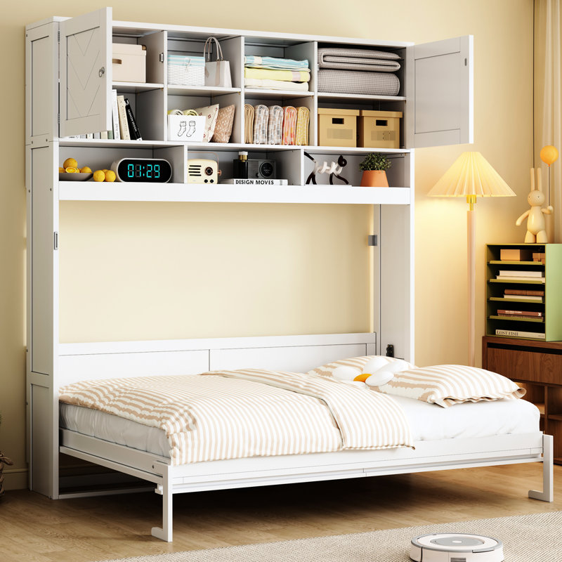 Queen Bed Of White, Wall - Mounted With Stripes, Large Storage, And 6 8 Inch Mattress Compatibility White Size Decorative Panels, Functional 600 Lbs Support